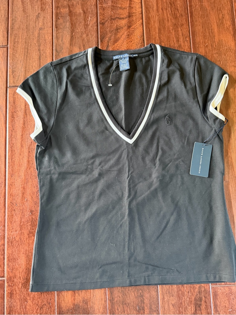 Ralph Lauren Black V-Neck Stretch Knit Top XL NWT Classic Logo